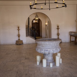 Spanish Colonial Church Interior with Baptismal Font