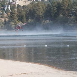 Helicopter Flying over Lake