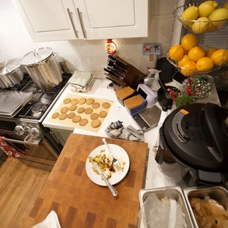 Busy Kitchen Counter During Christmas Cookie Baking Session