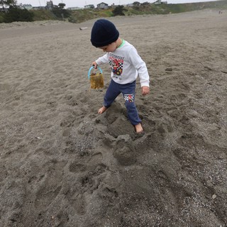 Young Boy Explores Misty Beach with Sand Bucket