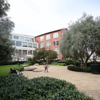 Child Exploring Landscaped Courtyard at Modern Campus