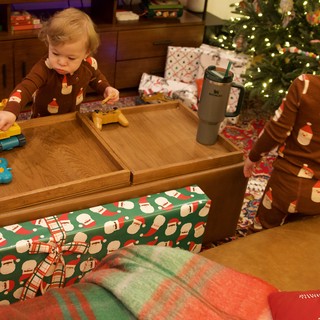 Christmas Morning Playtime with Toddlers in Matching Pajamas