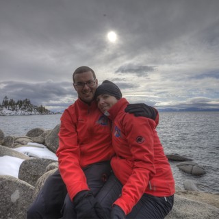 Couple Embracing at Winter Lake Tahoe Shoreline