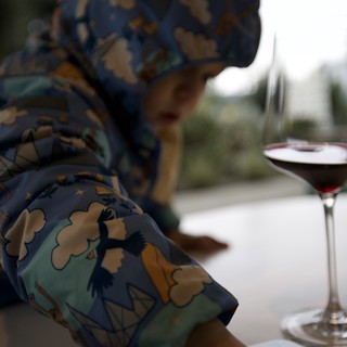 Elegant Dining in Floral Blue Silk at Wine Bar