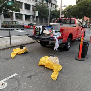 Red Pickup Truck with Yellow Bag in San Francisco
