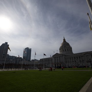 San Francisco City Hall at Dusk with Flags