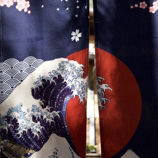 Japanese Noren Curtain with Wave and Mount Fuji Design