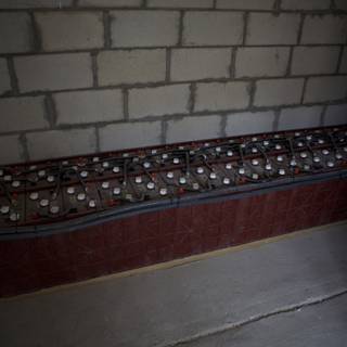 Bottles lined up against a brick wall