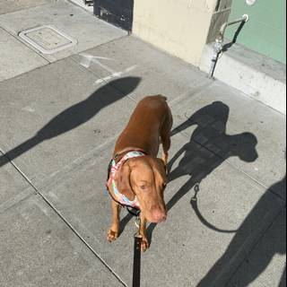 A Vizsla on a Leash Take a Stroll on San Francisco Sidewalk