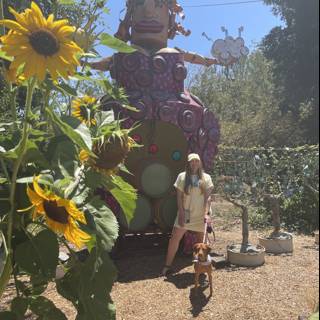 Woman and Dog Pose in Front of Giant Statue in Healdsburg Park