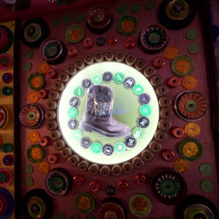 Folk Art Assemblage with Cowboy Boot and Bottle Caps