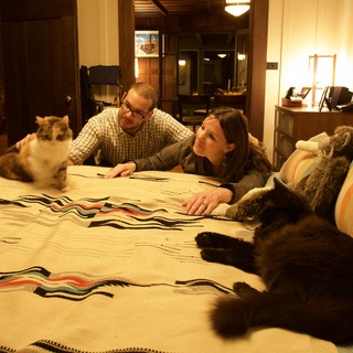 Couple and Their Cats Relaxing on a Cozy Bed