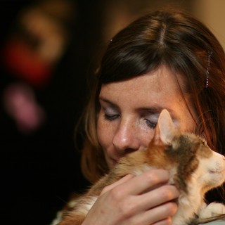 Tender Moment: Woman Nuzzles Calico Kitten Lovingly