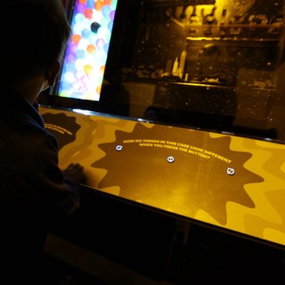 Child Exploring Interactive Museum Display at Night