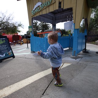 Young Child Exploring Jollity Hall Entrance at Theme Park