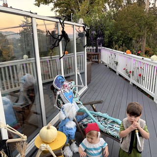 Halloween Skeleton Display on Foggy Coastal Deck