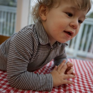 Curious Toddler at Red Checkered Table