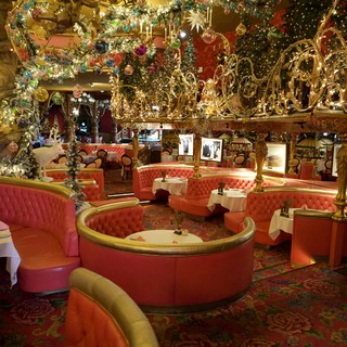 Opulent Madonna Inn Dining Room with Extravagant Christmas Decorations