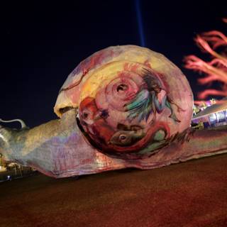 Illuminated Snail Sculpture at Night