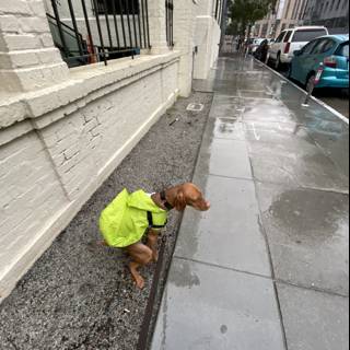 Dog in Safety Vest on City Sidewalk