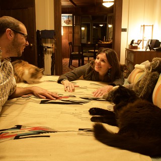 Couple Relaxing with Cats on Cozy Bed