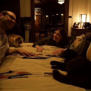 Couple and Cats Relaxing on Bed at Night