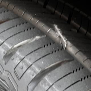 Dangerous Tire Crack Caption: A close up of a tire on a machine showcasing a dangerous crack that must be fixed immediately. #tire #wheel #car #vehicle #spoke #transportation #alloywheel #machinery