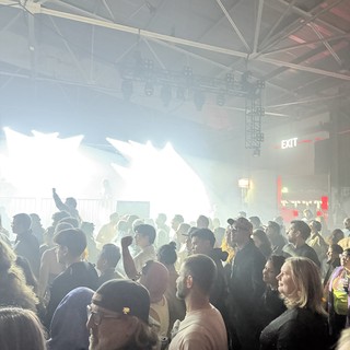 Energetic Crowd at Electronic Music Concert with Stage Fog