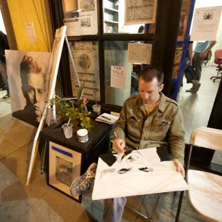 Man Contemplates Artwork at Cafe