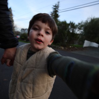 Young Boy on Evening Walk in Suburban Neighborhood