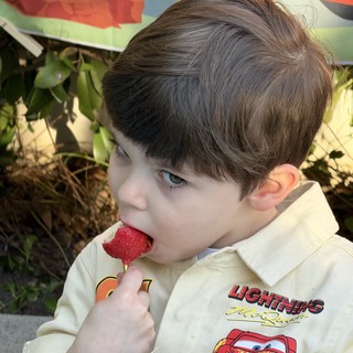 Young Boy Enjoying Chocolate Strawberry Outdoors