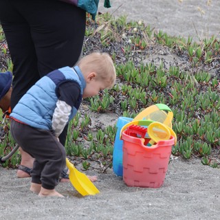 Toddler Explores Beach Sand with Colorful Toys