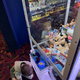 Child Playing Claw Machine Game at Arcade