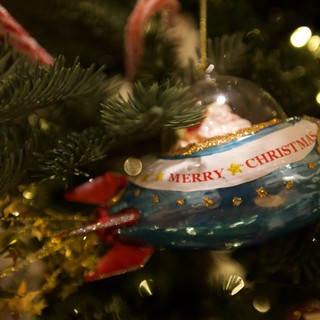 Merry Christmas Ornament on Evergreen Tree with Twinkling Lights