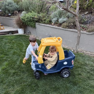 Brothers Playing in Toy Truck in Backyard Garden