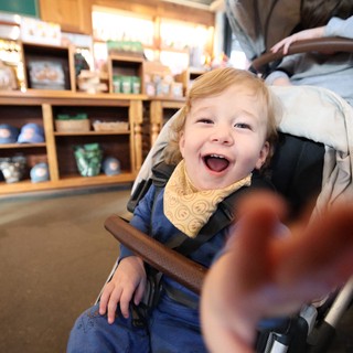 Joyful Toddler in Stroller at Retail Store