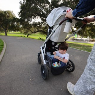 Parent Pushing Child in Stroller Through Park
