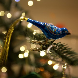Blue Glass Bird Christmas Tree Ornament with Bokeh Lights