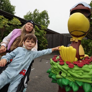 Boy Touches Colorful Bird Statue at Balloon Festival