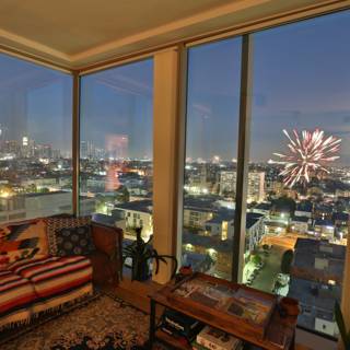 City Lights and Fireworks from a Penthouse Living Room