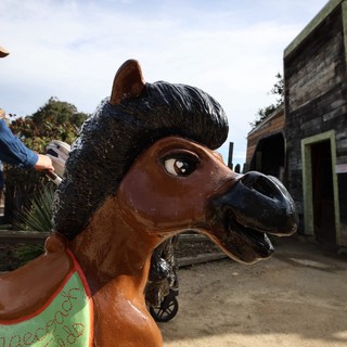 Close-Up of Whimsical Carousel Horse in Rustic Setting