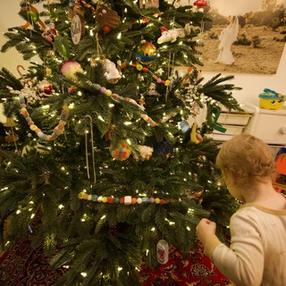 Child Admiring Decorated Christmas Tree on Holiday Morning