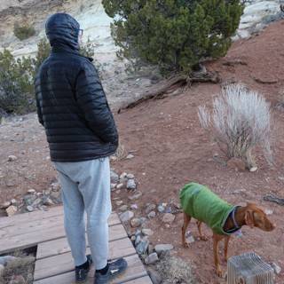 Man and Dog Walking on a Wooden Walkway in Sandia Park