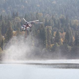 Helicopter Rescue with a Fire Truck in Sight at the Lake
