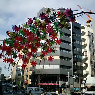 Colorful Paper Flowers in Akihabara Neighborhood