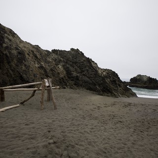 Driftwood Sculpture on Moody Coastal Cove Beach