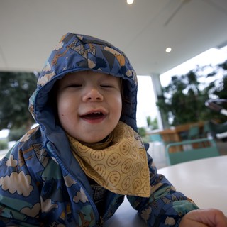 Joyful Toddler in Dinosaur Raincoat at Outdoor Restaurant