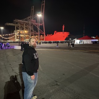 Night at the Industrial Port with Red Ship