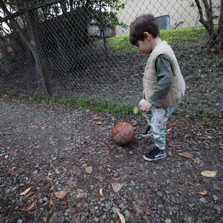 Young Child Playing Basketball in Backyard