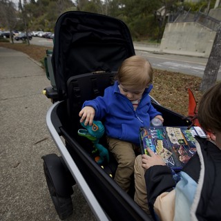Young Children Sharing Book in Modern Stroller Outdoors